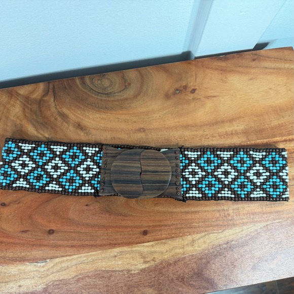 Handmade Beaded Geometric Waist Belt Turquoise Brown Wood Buckle Retro 33 Inch - Picture 5 of 9